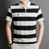 Camisa Polo de Rayas de Manga Corta con Punto de Piña para Hombre, Verano, Cuello Campana, Bordada, Casual de Negocios, Versátil, Top Camiseta