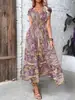 Vestido Largo de Algodón de Color Sólido con Cuello Redondo y Manga Corta, Estilo Vacacional Popular Transfronterizo 2024, Estilo Elegante de Primavera y Verano