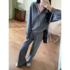 Conjunto de punto relajado y cómodo~Cárdigan con capucha y pantalones de pierna ancha conjunto de dos piezas para mujer Otoño/Invierno 2026 H100617