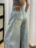 Calça jeans azul claro estilo retrô americano com fita de gorgurão, projetada para mulheres altas, com uma versão alongada, calça pantalona estilosa que afina a silhueta e apresenta um corte curvo