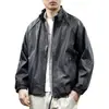 "Alambre Metálico" Chaqueta de Cuello Alto Estilo Minimalista para Hombre Otoño/Invierno Corta Casual de Cuero Holgada Versátil Moderna Ropa Exterior