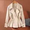 Chaqueta de cuero para mujer con cuello de solapa, nuevo estilo otoño 2026, talla petite, chaqueta tipo gabardina corta vintage entallada a la cintura, moderna