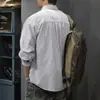 Nova camisa masculina de algodão puro listrada para outono, marca moderna de estilo japonês de alta qualidade, jaqueta camisa azul casual solta
