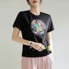 Estilo Nacional Novo Lantejoulas Chinês Bordado Fivela Crewneck T-shirt Verão Feminino Novo Loose Emagrecimento Pullover Top