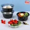 Lonchera desechable redonda negra, de plástico grueso de grado alimenticio, para llevar, comida rápida, con tapa.