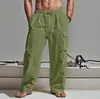 2025 Calças Casuais Largas Masculinas Amazon Cor Sólida Tamanho Plus Corda Cordão Elástico Múltiplos Bolsos