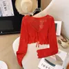 Cárdigan de Ganchillo Hueco Estilo Francés, Tejido Fino de Manga Larga Adelgazante y Rejuvenecedor, Top Corto Protector Solar para Mujer