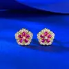 Mu Jing Joyería Nuevo Pendientes de Flor de Peonía con Diamante Rojo de Plata S925 Pendientes Incrustados con Gema de Corindón Rojo de Lujo Ligero Que Realzan la Palidez
