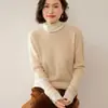 Suéter feminino de cashmere puro, estilo grosso, com design de duas peças falsas, gola com babados e um top de malha quente e versátil para usar em camadas.