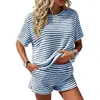 Comércio Exterior Transfronteiriço 2026 Conjunto de Shorts Listrados de Manga Curta Estilo Europeu e Americano para Mulheres, Conjunto de Duas Peças Fashion Casual Soltinho para Casa