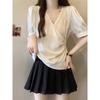 Camisa de manga corta con cuello en V para mujer de talla grande que cubre el abdomen Verano para mujer Hermana rellenita Cintura ajustada Adelgazante Hombro corto Top A3980