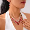 Brincos de Franja em Forma de Gota de Água Europeus e Americanos Transfronteiriços Cravejados com Diamante Vermelho Colar Corrente de Clavícula de Luxo Nicho Conjunto de Joias de Luxo para Mulheres