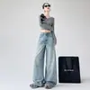 Jeans de mezclilla lavada sueltos de cintura alta para mujer, pantalones rectos holgados que estilizan, pantalones largos hasta el suelo, pantalones de pierna ancha, pantalones azules largos