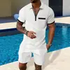 Código Europeo Transfronterizo Conjunto de Waffle de Verano para Hombre Cremallera Bloque de Color Versátil Camiseta de Manga Corta Pantalones Cortos para Correr Transpirable