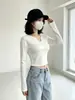 Camiseta sexy de manga larga para mujer, otoño e invierno, corta, que muestra el abdomen, ajustada, top interior de chica hot, camiseta básica de hombro normal para chica joven