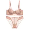 Popular conjunto de lencería estilo francés europeo y americano, sexy conjunto de sujetador de encaje de algodón fino con transparencias, minimiza los bustos grandes y previene la flacidez