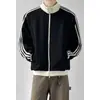 Sudadera cárdigan a rayas con cuello alto de punto gofrado para hombre, estilo americano de principios de otoño, chaqueta deportiva tipo béisbol de tres rayas