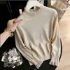 Tricô Feminino Novo Estilo Francês Outono/Inverno 2026 com Gola Meia-Alta e Barra Franzida