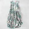 Vestido Casual de Algodão Puro com Estampa Digital Nova, Gola Redonda, Sem Mangas, Comprimento Médio, Para Mulheres, Verão na Praia
