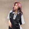 Camiseta americana de manga curta patchwork para mulheres verão retrô high street contraste cor estilo preppy oversize solto casal top