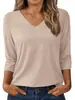 Blusa básica de tres cuartos para mujer de Amazon transfronteriza, camisa casual de cuello en V holgada, top de moda