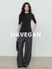 Com Camiseta Básica de Tricô Gola Alta Meia-Calça HAVEGAN/para Mulheres, Outono Manga Curta Slim Fit Stretch Camada Base