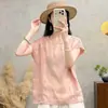 Camisa de algodón y lino con cuello mao, encaje, color liso, manga media para mujer, nuevo estilo de verano, artística, holgada, estiliza, blusa versátil para mujer