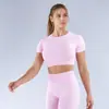 Nova Camiseta Fitness de Manga Curta Transfronteiriça de Verão para Mulheres, Roupa de Yoga Justa de Secagem Rápida, Top Esportivo para Uso ao Ar Livre