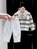 Conjunto de Primavera y Otoño Estilo Coreano para Niños 2026 Estilo Academia Rayas Little Pony Bordado Suéter Cuello Polo Pantalones Casuales para Niños Moderno