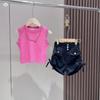 Traje de chaleco y shorts estilo coreano para niñas, moda para niños medianos y grandes, pantalones cortos de tiro alto a la moda, diseño con cordón, nuevo estilo de verano 2025