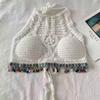 Estilo Bohemio Hueco Sexy Espalda Descubierta Halter Chaleco Top de Tubo con Flecos para Mujer Vacaciones de Verano Junto al Mar Top con Tirantes