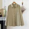 Camisa minimalista de manga comprida com gola para mulheres, top casual solto e versátil, disponível em várias cores, camisa de algodão puro com proteção solar, jaqueta leve