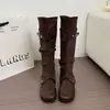 Botas altas, botas de montar de nicho, botas largas, diseño desmontable y de retazos, estilo convertible, hebilla de cinturón estilo western, botas plisadas para mujer, efecto adelgazante