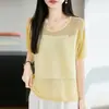 Nuevo Top de Punto de Manga Corta para Mujer Verano 2026, Corte Holgado, Adelgazante, Versátil, Cuello Redondo, Diseño Calado, Estilo Único
