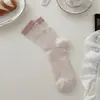 Calcetines lisos de color sólido para mujer, estilo coreano, calcetines de media pantorrilla con bloques de color de moda, calcetines finos de media pantorrilla calados para primavera y verano, calcetines de algodón