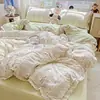 Novo Conjunto de Quatro Peças de Algodão Amassado Grau A, Gaze de Camada Dupla, Renda 100% Algodão, Estilo Lençol com Elástico, Dropshipping, Atacado, Transfronteiriço