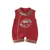Enterizo para bebé estilo chino, traje de una pieza rojo de verano para bebé, diseño bordado de danza del león, mameluco sin mangas abotonado