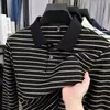 Camiseta masculina clássica listrada com trama torcida e listras, para outono e inverno, manga longa, blusa masculina com gola, polo masculina de manga longa
