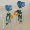 Aretes Flor de Cristal Azules con Perlas Únicos Muestran la Cara Pequeño Lazo Chica Dulce Femenina Aretes de Perlas Aretes de Moda