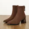 Botas Chelsea femininas de bico fino, botas de corte justo para uso externo, nova coleção outono 2026, botas com salto grosso e elástico no tornozelo, botas nude de salto médio estilo coreano