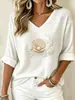 2026 Nueva Camiseta Pulóver Independiente Transfronteriza para Mujer con Hombros Caídos, Cuello en V, Mangas Largas y Estampado Digital 3D