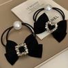 Lazo de terciopelo vintage con diamantes de imitación para el cabello, elegante y exquisito anillo negro para el cabello, coleta baja para la parte posterior, accesorios para el cabello para mujeres