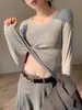 Camiseta básica para mujer para llevar debajo de un abrigo, camiseta de manga larga con cuello en U para otoño e invierno 2026, top acanalado de algodón puro de cuello ancho ajustado para primavera y otoño