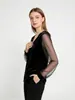 Camisa de Veludo Patchwork Quente para Venda no Comércio Exterior da Amazon para Mulheres com Mangas Transparentes de Lantejoulas, Top Elegante e Versátil