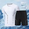[Conjunto de Manga Curta] Conjunto Esportivo de Seda de Gelo Masculino Verão Fino Manga Curta Corrida Secagem Rápida Elástico Casual