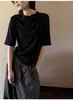 Camiseta Simples de Linho Cor Sólida Manga Média Estilo Coreano Novo Outono 2026 para Mulheres, Top Casual Versátil Elegante com Gola Alta Meia