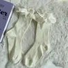Calcetines Hechos a Mano de Encaje Dulce Otoño Invierno Lana de Oveja Cálidos Rayas Verticales Lazo Lateral Calcetines Acumulados a Media Pantorrilla Calcetines Cortos para Niñas