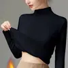 Suéter de cuello alto medio para mujer para otoño e invierno, una capa base con terciopelo de visón integrado para abrigar, top de punto blanco engrosado para mayor calidez