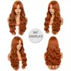 Cabelo feminino longo, ondulado e cacheado, estilo europeu e americano, cor laranja sujo, repartido no meio, naturalmente volumoso, fibra sintética resistente ao calor, pode ser estilizado