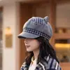 Sombrero Octagonal Estilo Coreano Orejas de Gato Boina de Lana Gorra de Periodista Bordado de Letras Sombrero de Pintor Orejas de Gato Versátil para Viajar Estudiante